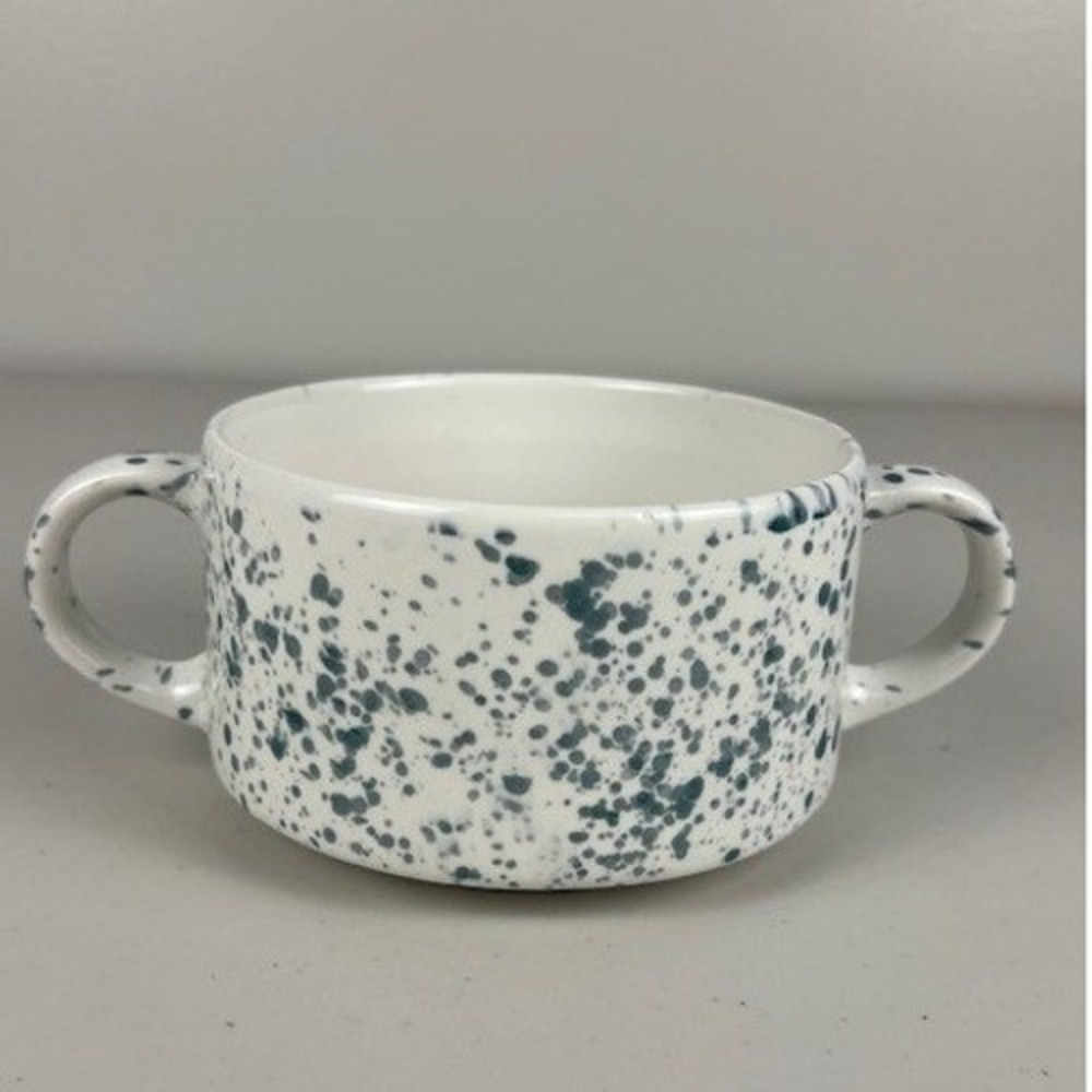 Vintage Handmade Speckled Spongeware Soup Mug Bowl Two Handle Ceramic Splatter